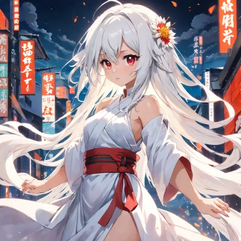 (animemanga girl, wears a white dress, red waistband, There is a flower on the hair, adolable, wearing beautiful clothes, whaite hair, Noble robes, Flowing white robe, onmyoji，Pixel art)