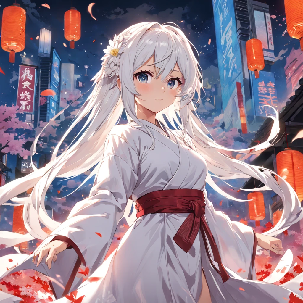 (animemanga girl, wears a white dress, red waistband, There is a flower on the hair, adolable, wearing beautiful clothes, whaite hair, Noble robes, Flowing white robe, onmyoji，Pixel art)