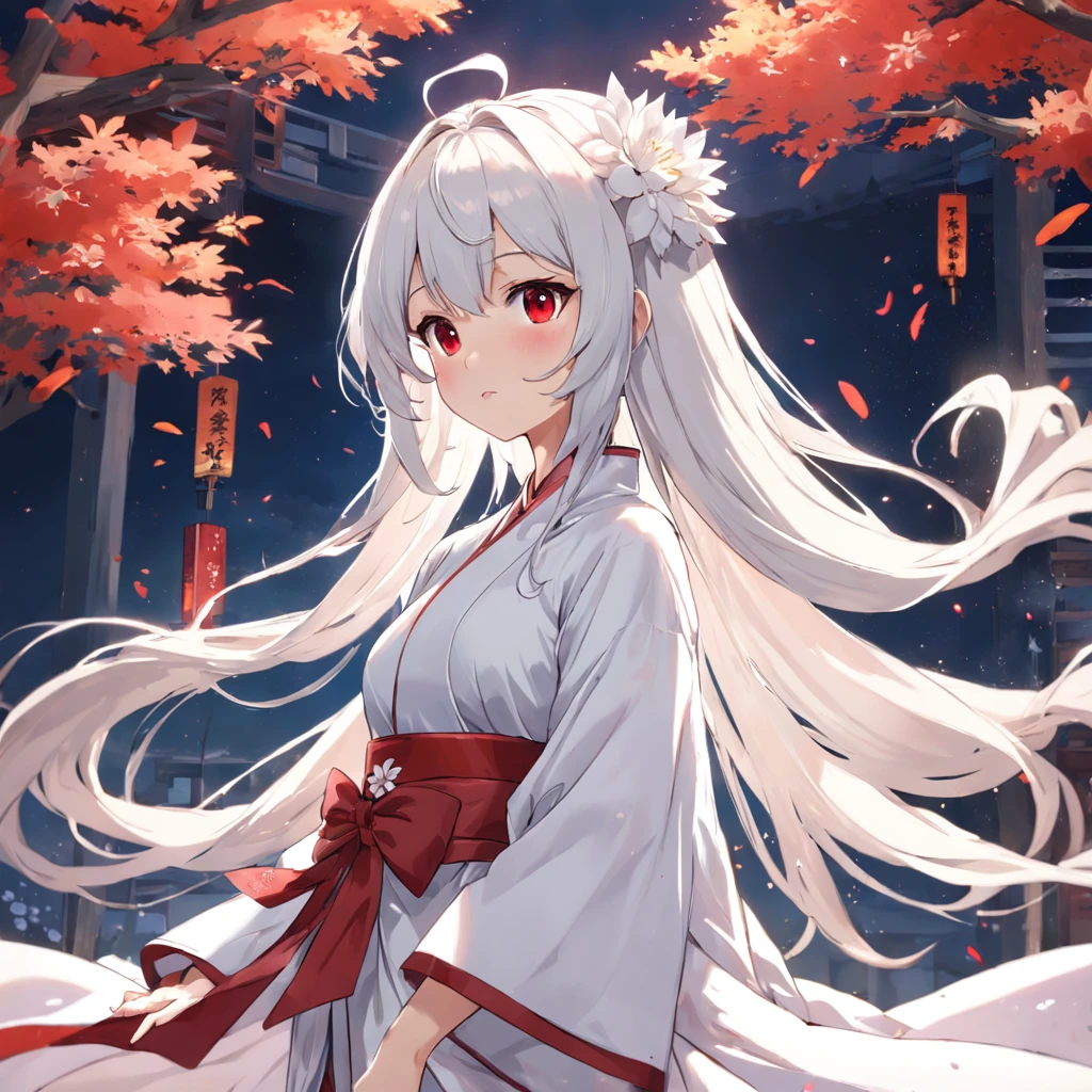 (animemanga girl, wears a white dress, red waistband, There is a flower on the hair, adolable, wearing beautiful clothes, whaite hair, Noble robes, Flowing white robe, onmyoji，Pixel art)