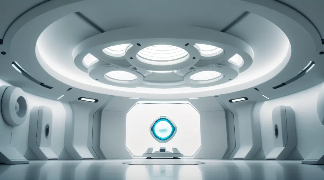 Futuristic minimalist white sci-fi studio，There is an artificial intelligence brain in the center of the stage, first person perspective，wide wide shot，in a panoramic view，35mm，highlight，high detal，8k，A high resolution