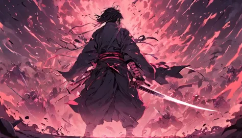 Approximately 20 years after the feudal era, A samurai with a katana emanating a black aura facing off against several monsters ready to attack him.
