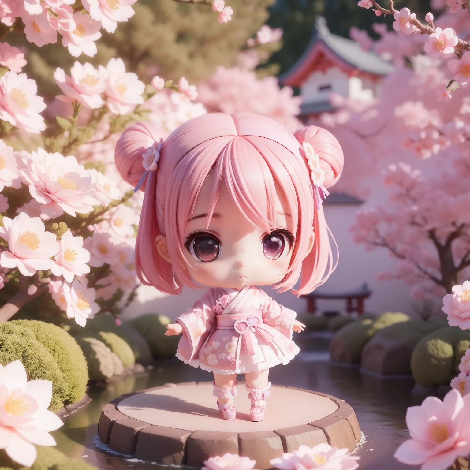 Mignon bébé Chibi Anime,(((Chibis 3D))) (meilleure qualité) (Prix Maître)、Kimono rose et violet、Talons hauts en dentelle blanche avec motif floral tricoté、jardin japonais