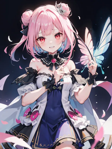 {Moist feather(hololive)}, 1girl, {short hair}, double bun, twintail ribbon, {Light pink hair}, {Red eyes}、​masterpiece、top-quality、grinning evily、{demon king}、{full bodyesbian}、a throne、ambition、Aura of Darkness、Blue winged butterfly、Dark blue dress、demon...