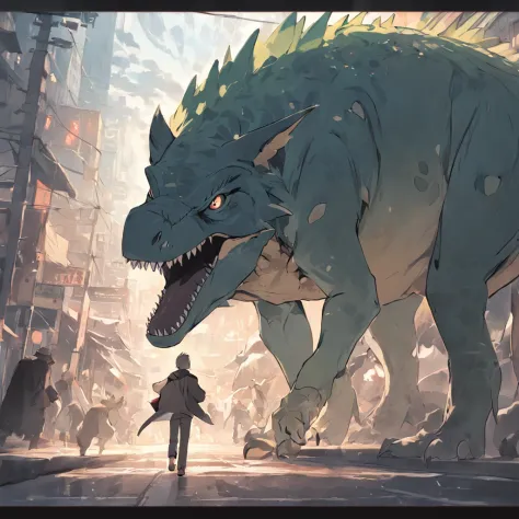 Dinosaurs carry wolves，独奏，nigth，On the street，running down the street，Tail flicking，Close-up of the tail sweeping over a car，thick tail，Face away from the camera，No Man，streets background，废墟