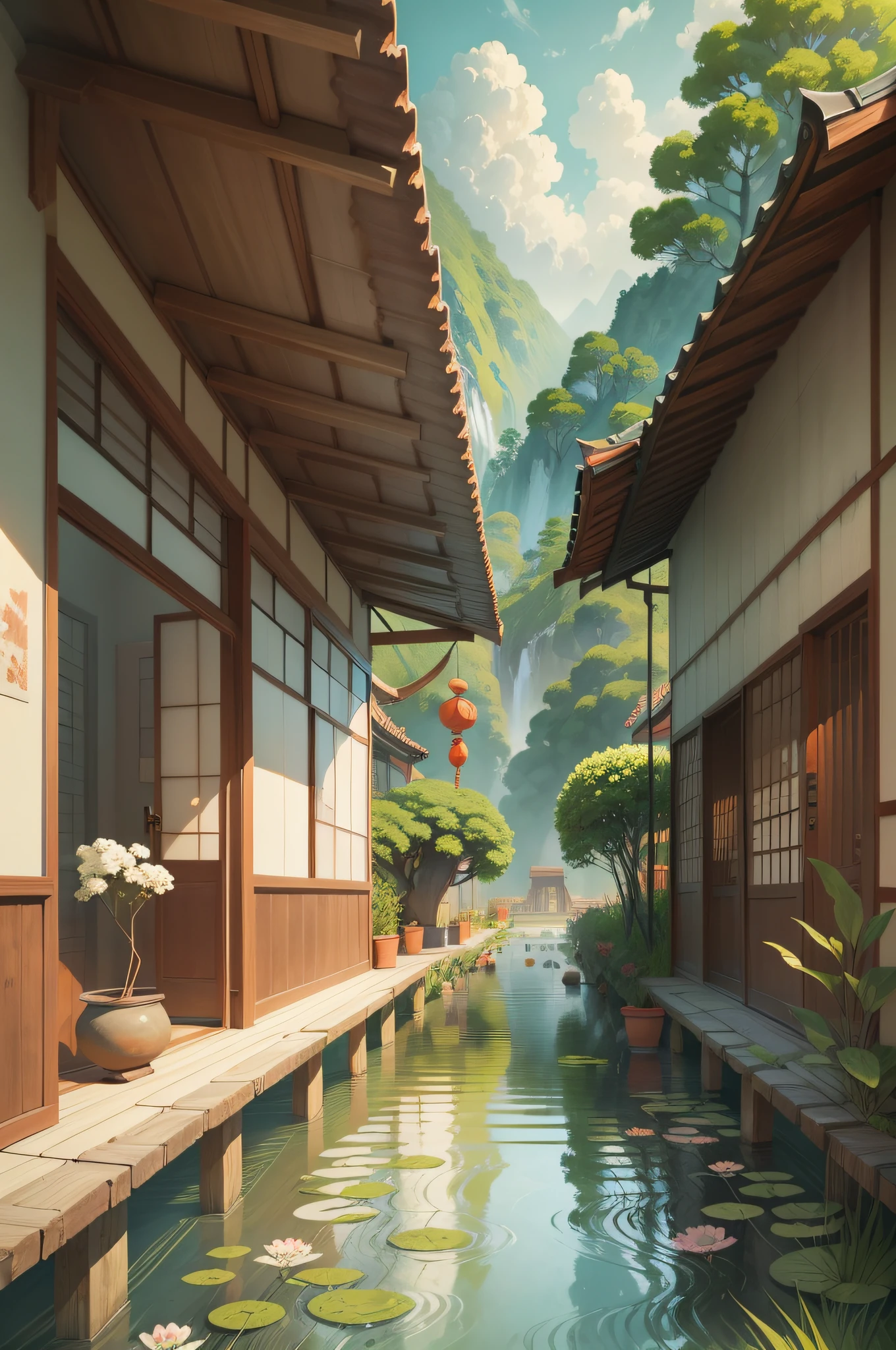 Grow rice in the water, A beautiful artwork illustration, Game illustration, serene illustration, Chinese watercolor style, by Yang J, Japanese inspired poster, artwork in the style of z.Show on the. gu, author：Xia Gui, G Liulian art style, Poster illustration, author：Fan Qi, environment design illustration, illustration concept art, author：Qu Leilei