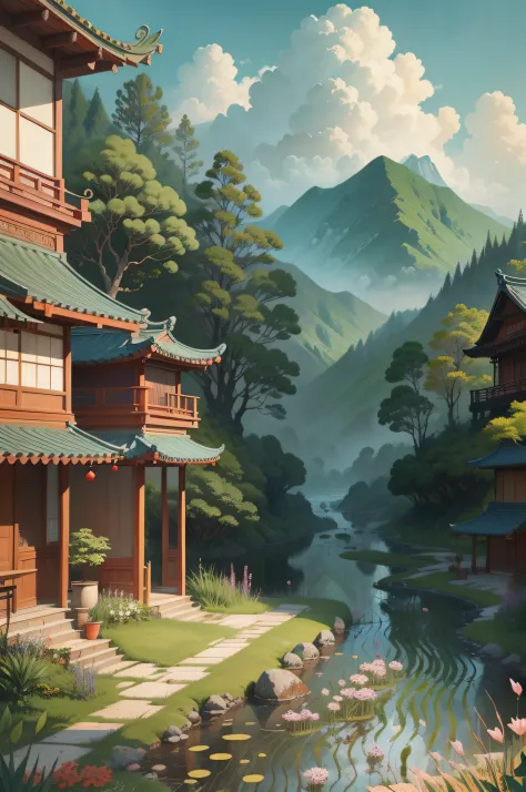Grow rice in the water, A beautiful artwork illustration, Game illustration, serene illustration, Chinese watercolor style, by Yang J, Japanese inspired poster, artwork in the style of z.Show on the. gu, author：Xia Gui, G Liulian art style, Poster illustra...