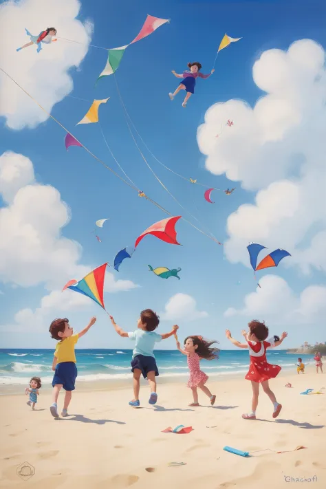 A whimsical scene of children flying kites on a windy day at the beach, brought to life in the playful, childlike style of Marc ...