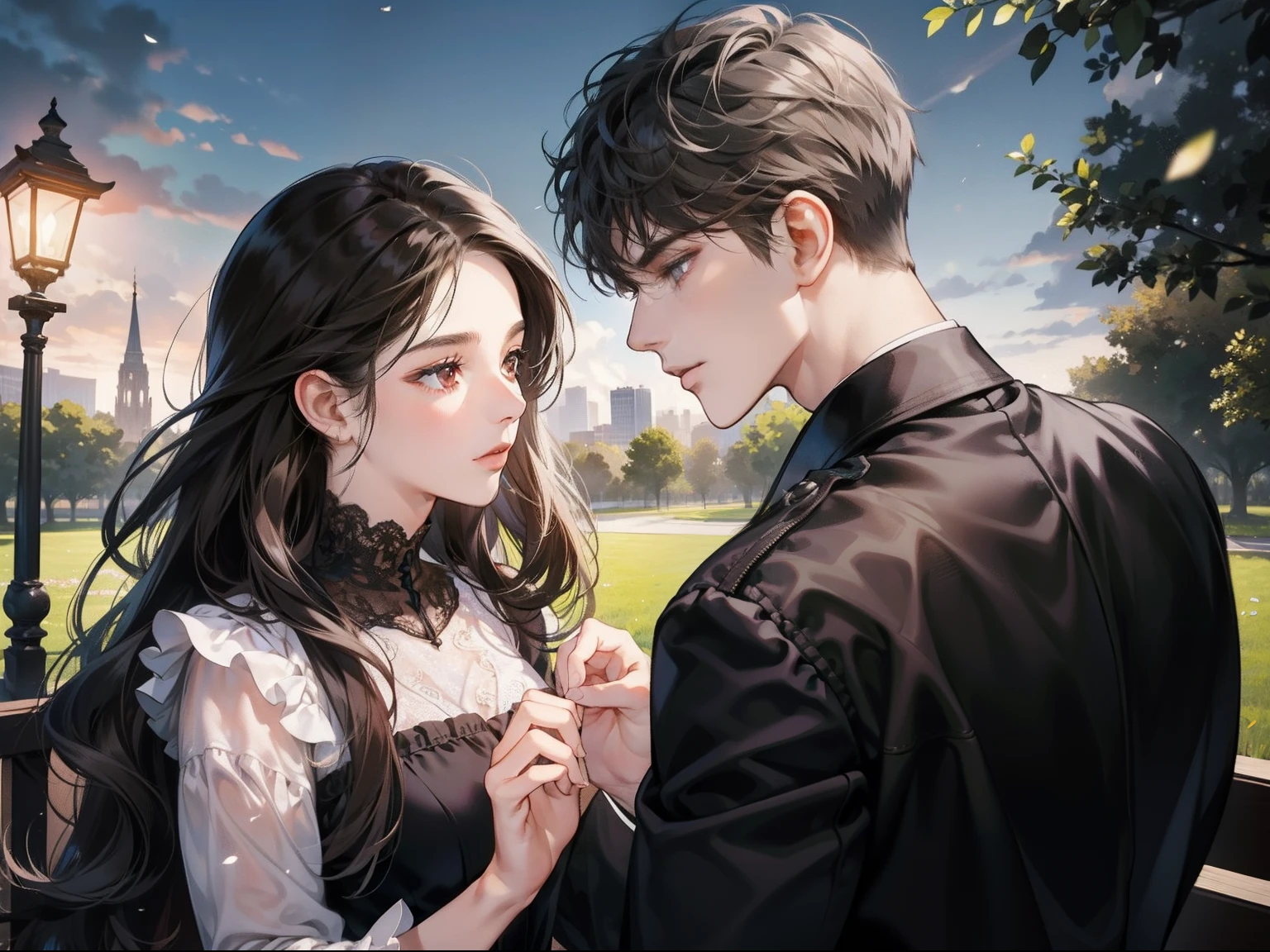 Anime couple in a park with a lamp post and a street light - SeaArt AI