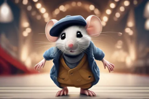image of a mouse wearing a cap, dressed in casual clothes, walking on a fashion runway, hyper-realistic detailed rendering, elegant pose, professional lighting, intricate details