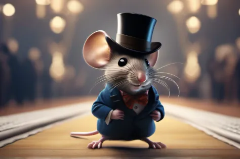 RAW photo, best,masterpiece, best quality, high quality, extremely detailed,image of a mouse in a top hat, dressed in fancy clothes, walking down a fashion runway, hyper realistic detailed rendering, graceful pose, professional lighting, intricate details
