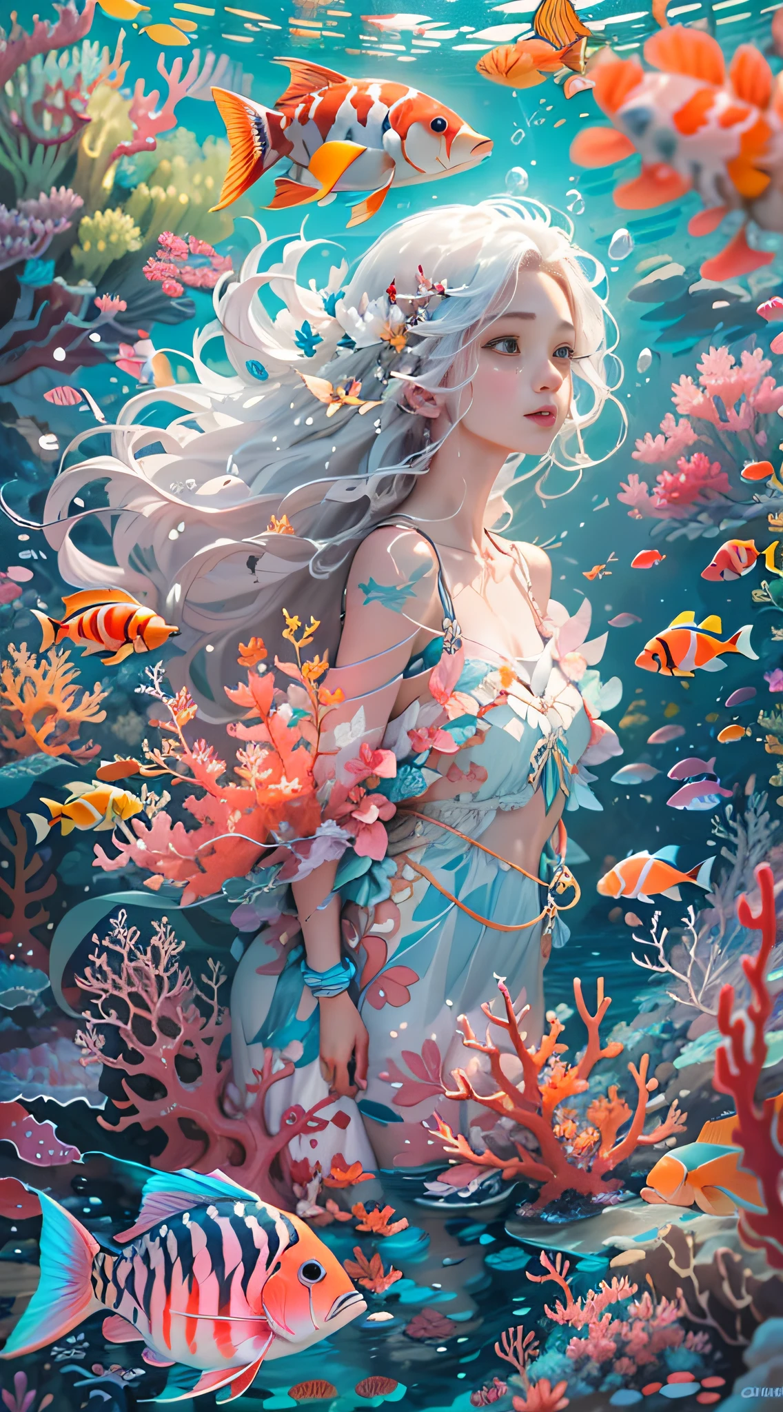 Conceptual art of marine life, Undersea landscape, Marine life，Beautiful coral reefs come in different shapes, 。.3D，, Fish, Female animated fantasy illustration. Long white hair scattered in the sea, Drift, Very harmonious. The whole painting adopts a messy and imaginative painting style. The colors are bright and saturated, line sleek. The mystery and beauty of the ocean, The painting depicts an underwater world full of life and vitality, Animated art wallpaper 8 K