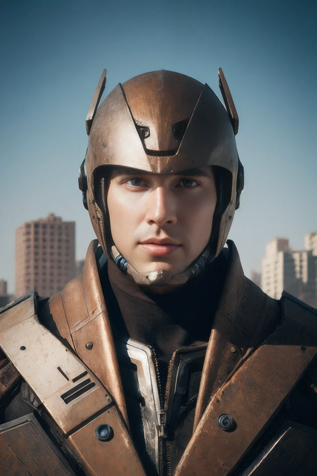 Portrait photo of an alpha male, perfect eyes, in a worn mecha suit, intricate, (steel metal [rust]), elegant, sharp focus, photo by greg rutkowski, soft lighting, vibrant colors, masterpiece, ((streets)), cowboy shot, dynamic pose,