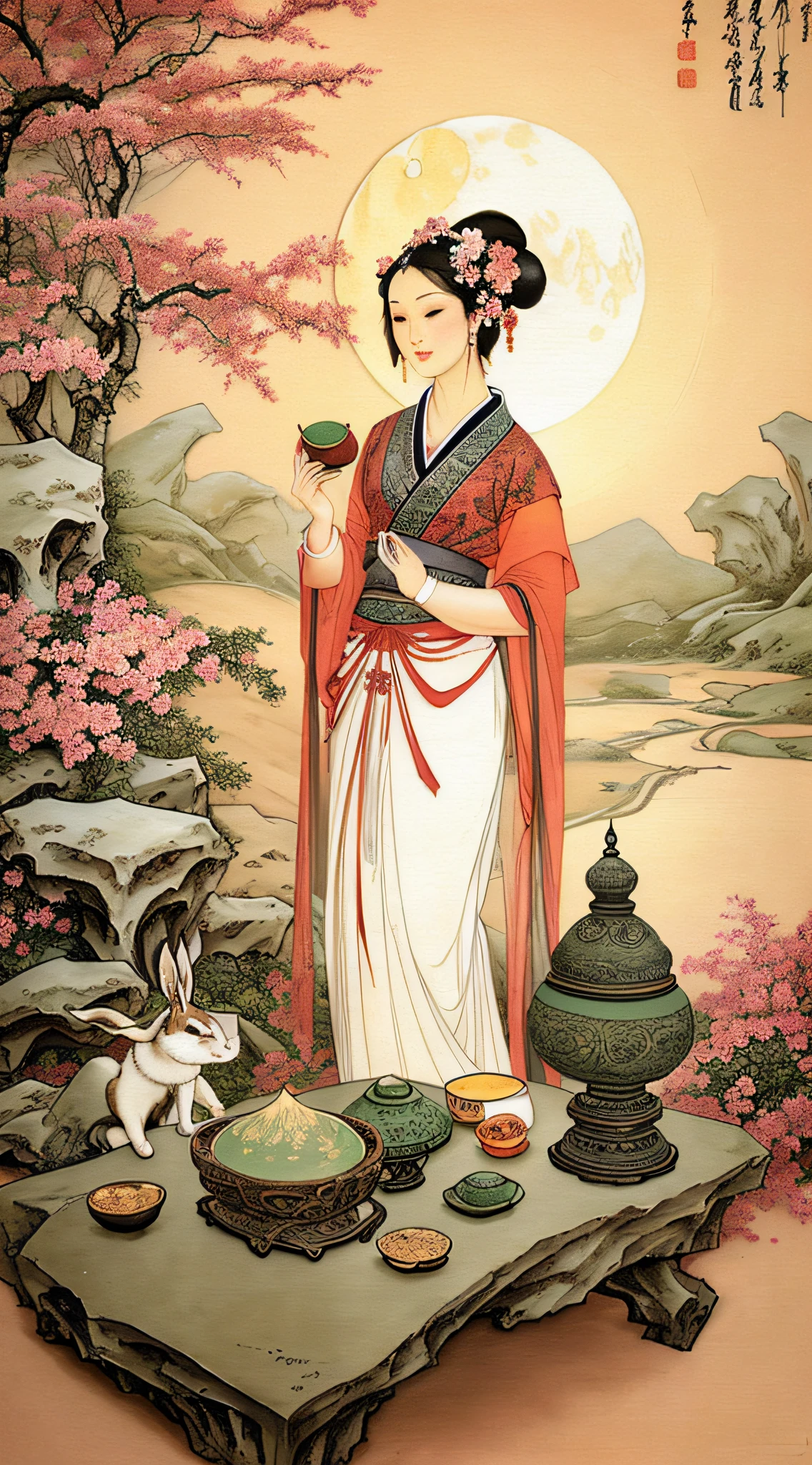 Masterpiece, Best quality,(full bodyesbian:1.3), Solo,chinese paintings,Beautiful face and eyes details of a Chinese girl,
Perfect skin,make happy expressions,Gorgeous,Pure,light make-up,Jade jewelry,hair adornments,Hair Band,moon full,incense burner table,Moon cake,censer,Rabbit in the moon,Green smoke,view the viewer,
Colorful,sharp and clear focus,instagram most viewed, Concept artist, Depth of field,flower,Bush