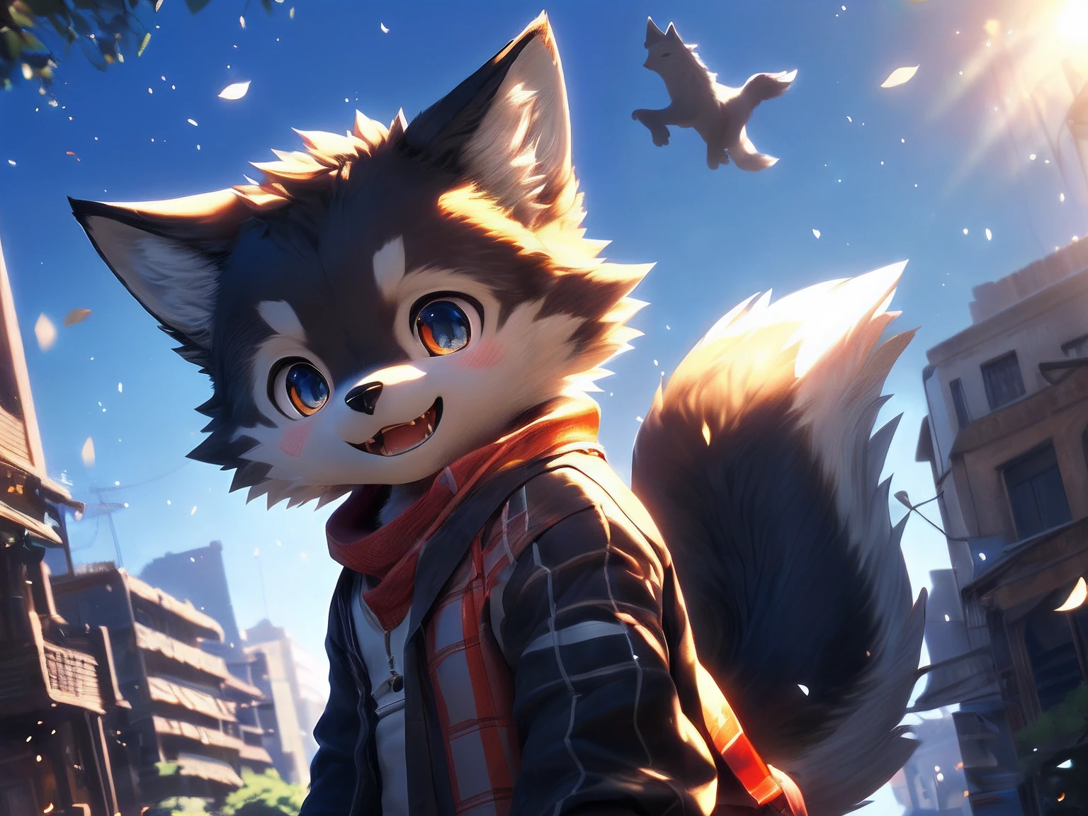 Solo,(komono:0.8),(Shota,,cub,Young,tchibi,bishounen,,short stack,Adorable:1.1),(Anime face,Kawaii expression,cute fang),(Handsome:1).
Flying between buildings, A ((((wolf)))) Has ((big tail)).
Break
(Cinematic lighting), ((Detailed background)), ((Looking down)), (((three fourths view))), (Happy mouth),(half body shadow).
break
Ultra-detailed,(NSFW:1.2),Colored digital line art,Photorealistic,(Flat color:1.2),thick outline,(limited palette:1.1),Game CG,(3D:1.2),(Photorealistic:1.2),(Masterpiece,Best quality,Great,Highly detailed CG unity 8k wallpaper,Super fine illustration:1.2),Extremely detailed,voluminetric lighting,Best shadows,(Depth of field,Particles of Light,Cinematic lighting:1.1),wind lift,speed-line,offcial art.
Break
(author：Wolfsoul:1.25).
break
Bright colors,shaded,countershading,High contrast,Photography \(artwork of a\),(Realistic:1.2),(hi，It's nothing,absurd res:1.2),Perfect anatomy,Anatomically correct,Detailed,Detailed face,Detailed eyes,(Realistic fur,Detailed fur:1.25),Detailed background,amazing background.