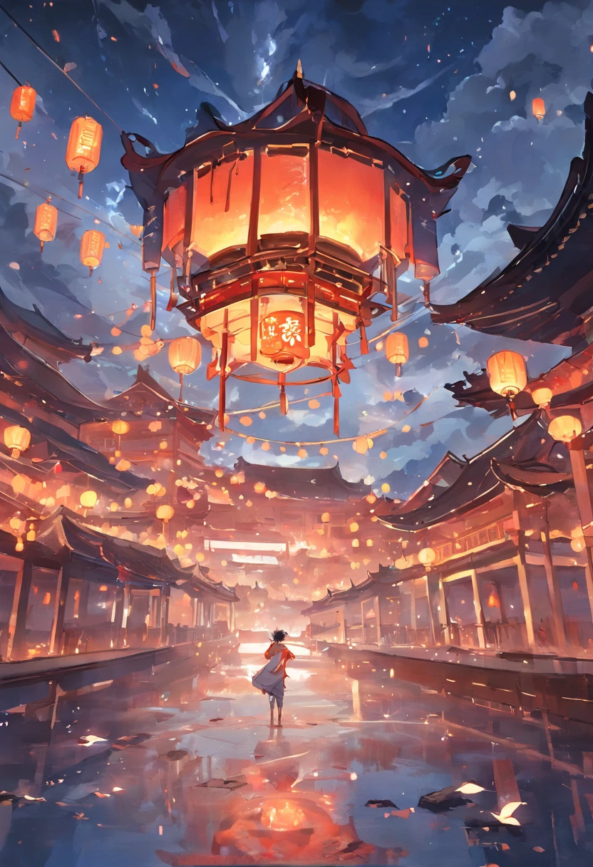 Floating lights, cinematic light and reflections, Glowing lights, Intermediate metaverse elements，Digital painting, glowing reflections, Pondering, Floating lanterns, calm evening, Digital illustration, beautiful ambiance, Sky lights at night, serene evening atmosphere, Floating lanterns, (Kongming Lantern), the night, themoon, game scenes, Ancient Chinese palaces are located above the clouds, surrounded by cloud, Homem-Imponente, glazed tiles, BUDDHA STATUE, gorgeous color, In the foreground are three arches((Color ink)), ( (Splash ink ) ),  ((Splash ink) ink})), tmasterpiece, high qulity, Beautiful graphics, high detal