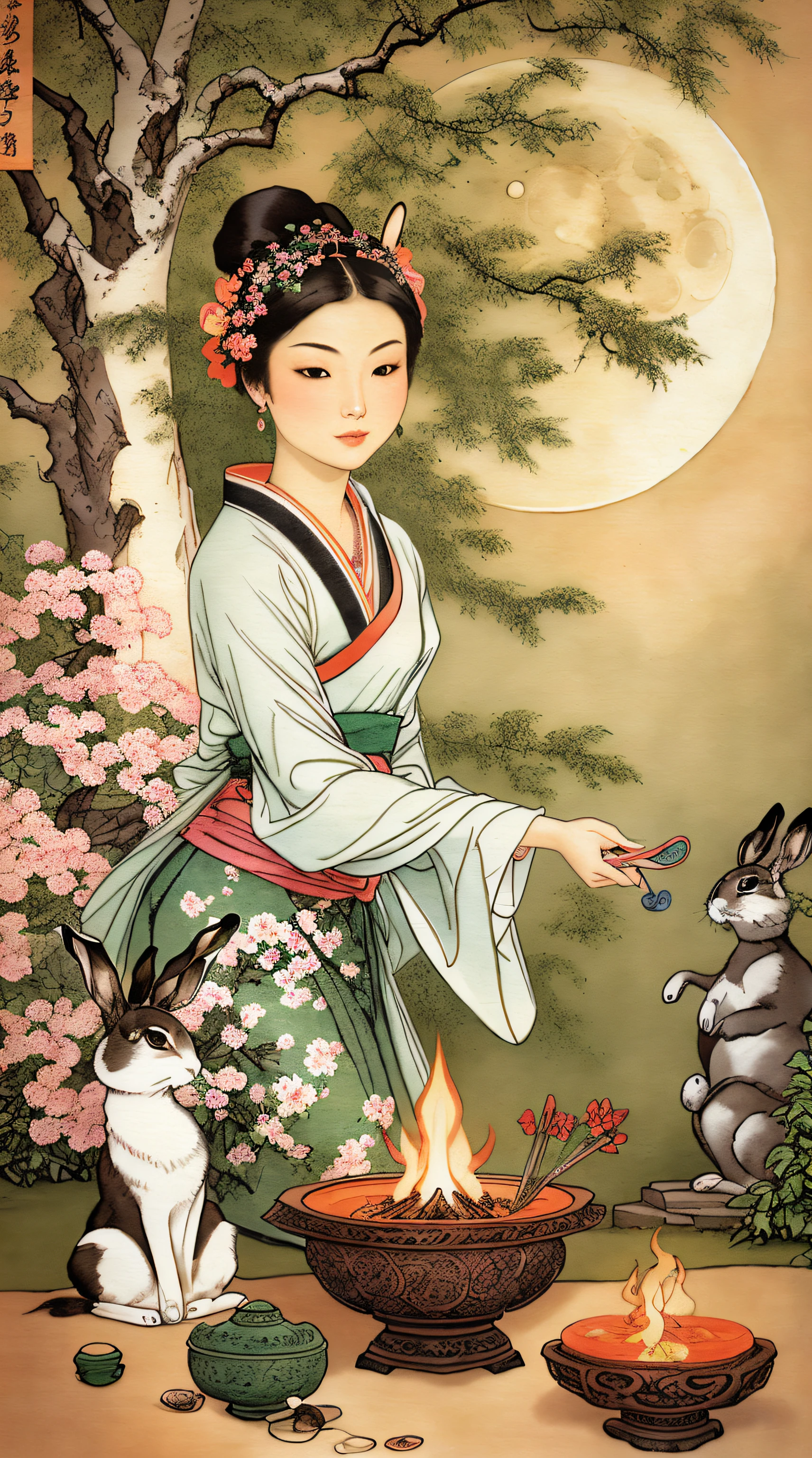 Masterpiece, Best quality,(full bodyesbian:1.3), Solo,chinese paintings,Beautiful face and eyes details of a Chinese girl,
Perfect skin,make happy expressions,Gorgeous,Pure,light make-up,Jade jewelry,hair adornments,Hair Band,moon full,incense burner table,Moon cake,censer,Rabbit in the moon,Green smoke,view the viewer,
Colorful,sharp and clear focus,instagram most viewed, Concept artist, Depth of field,flower,Bush