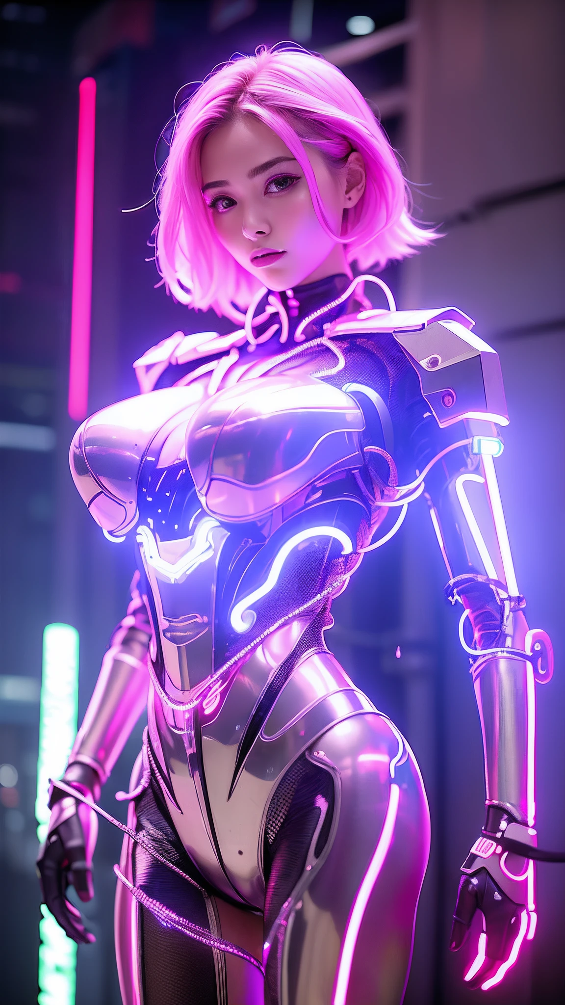 masterpiece, best quality, 1 girl, ives girl, Mecha, beautiful lighting, (Neon silver Light:1.2), (Night:1.5), wire and cable connected on whole body, bondage with neon wire,