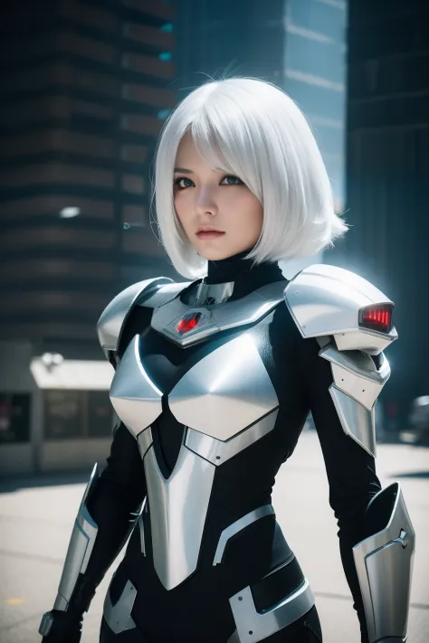 white color hair，Silver-black armor，best quality,masterpiece,realistic,Bokeh,1girl,cinematic_lighting,lens_flare,reality_ray_tra...