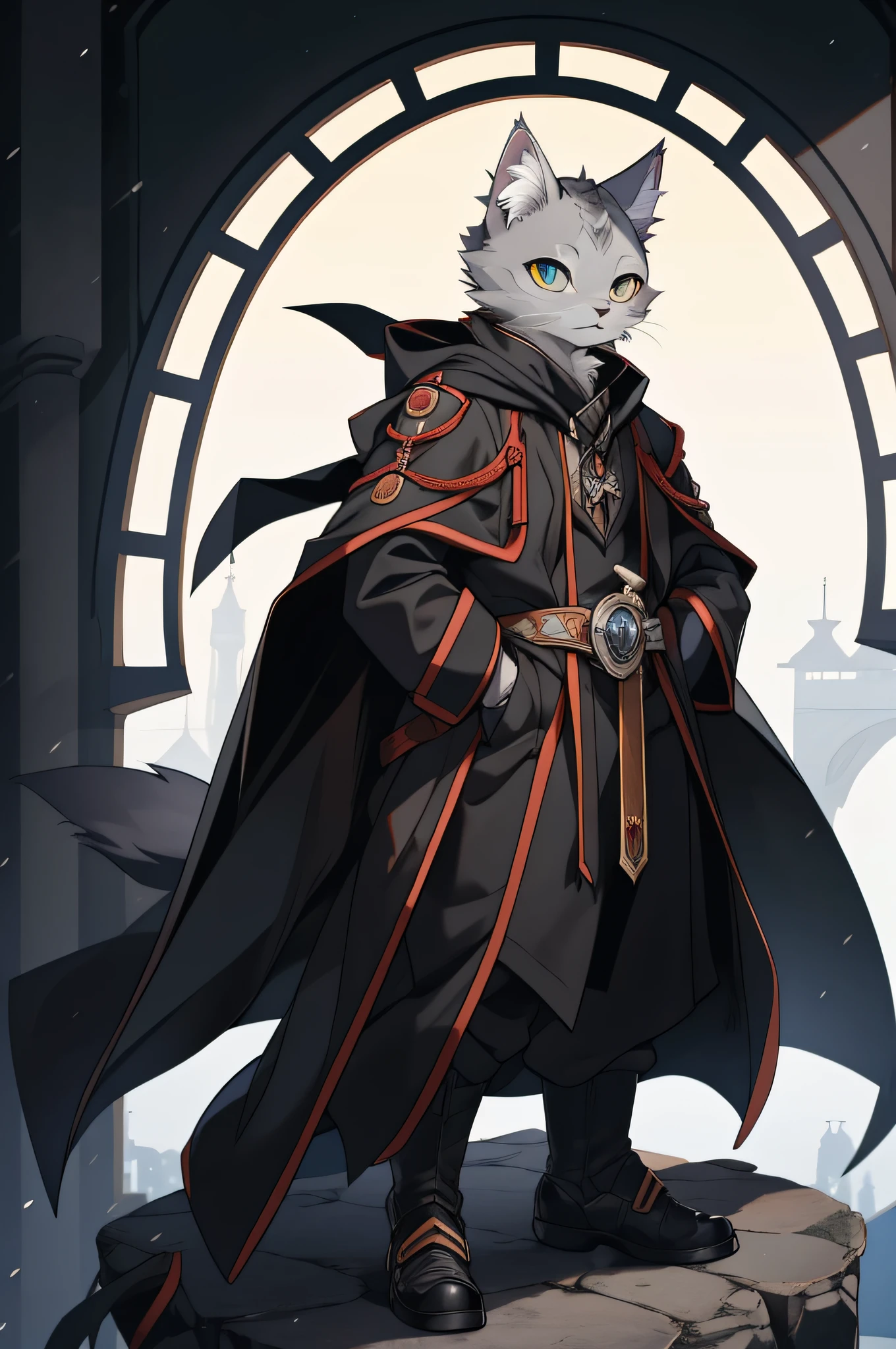 anthropomorphic ((grey cat)) wearing black cloak and hood, standing on the top of building, best quality, masterpiece, super detail, award winning
