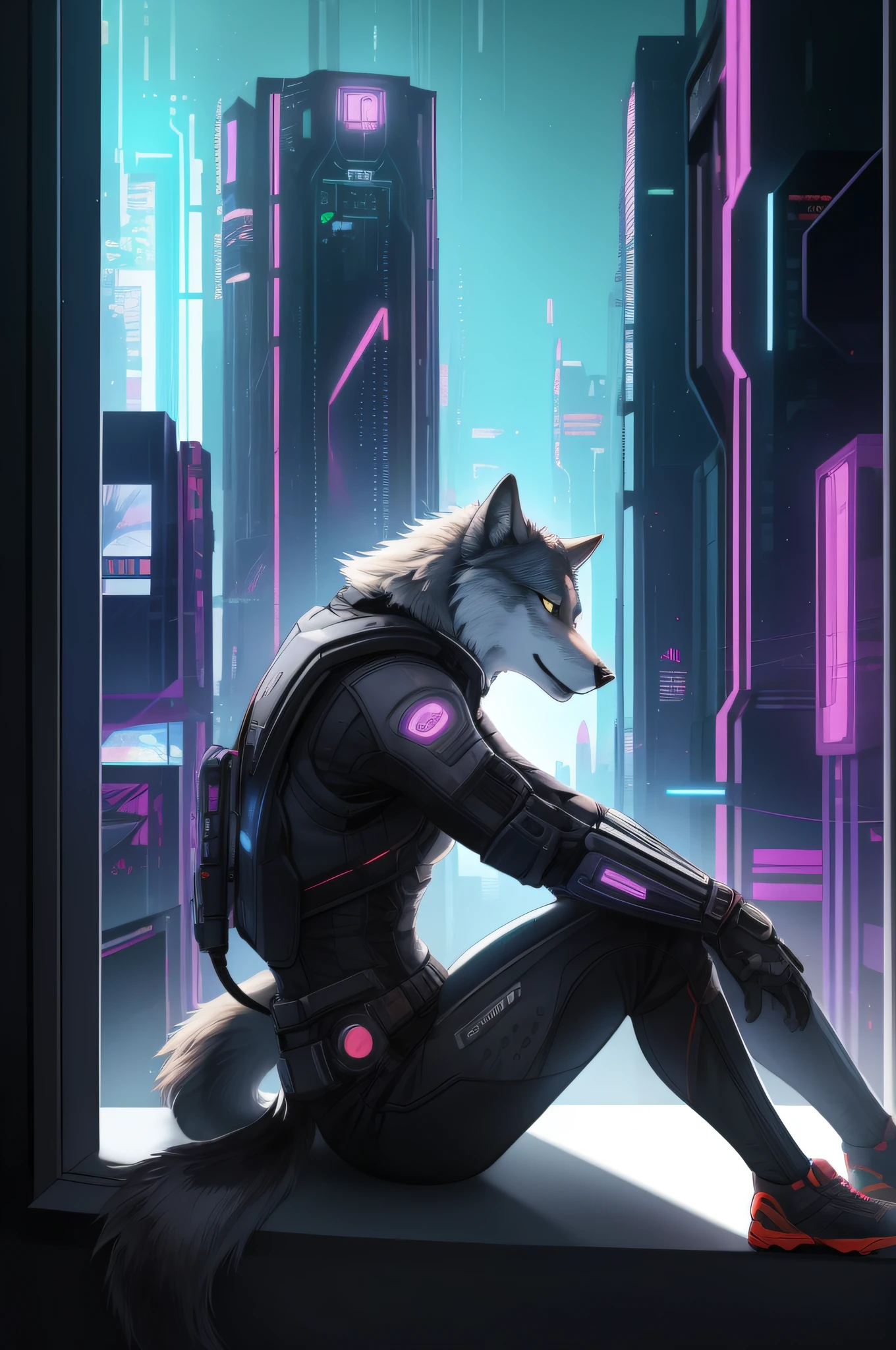 lobo cinzento macho antropomórfico, sentado em uma janela, Fundo ciberpunk, melhor qualidade, obra de arte, Super Detalhe, premiado