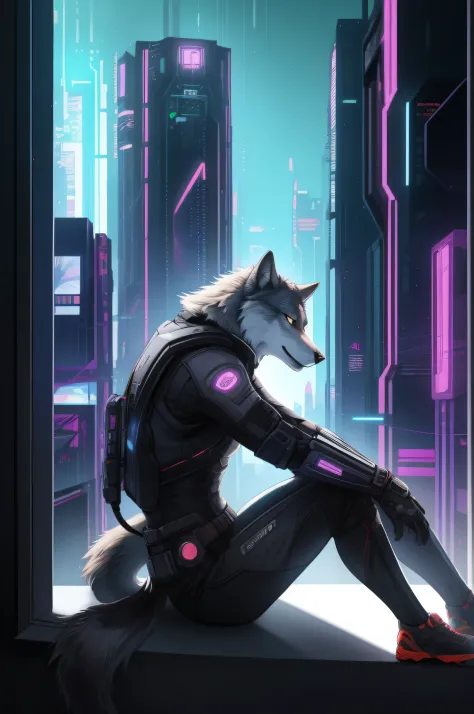 anthropomorphic male gray wolf, sitting on a window, cyberpunk background, best quality, masterpiece, super detail, award winning