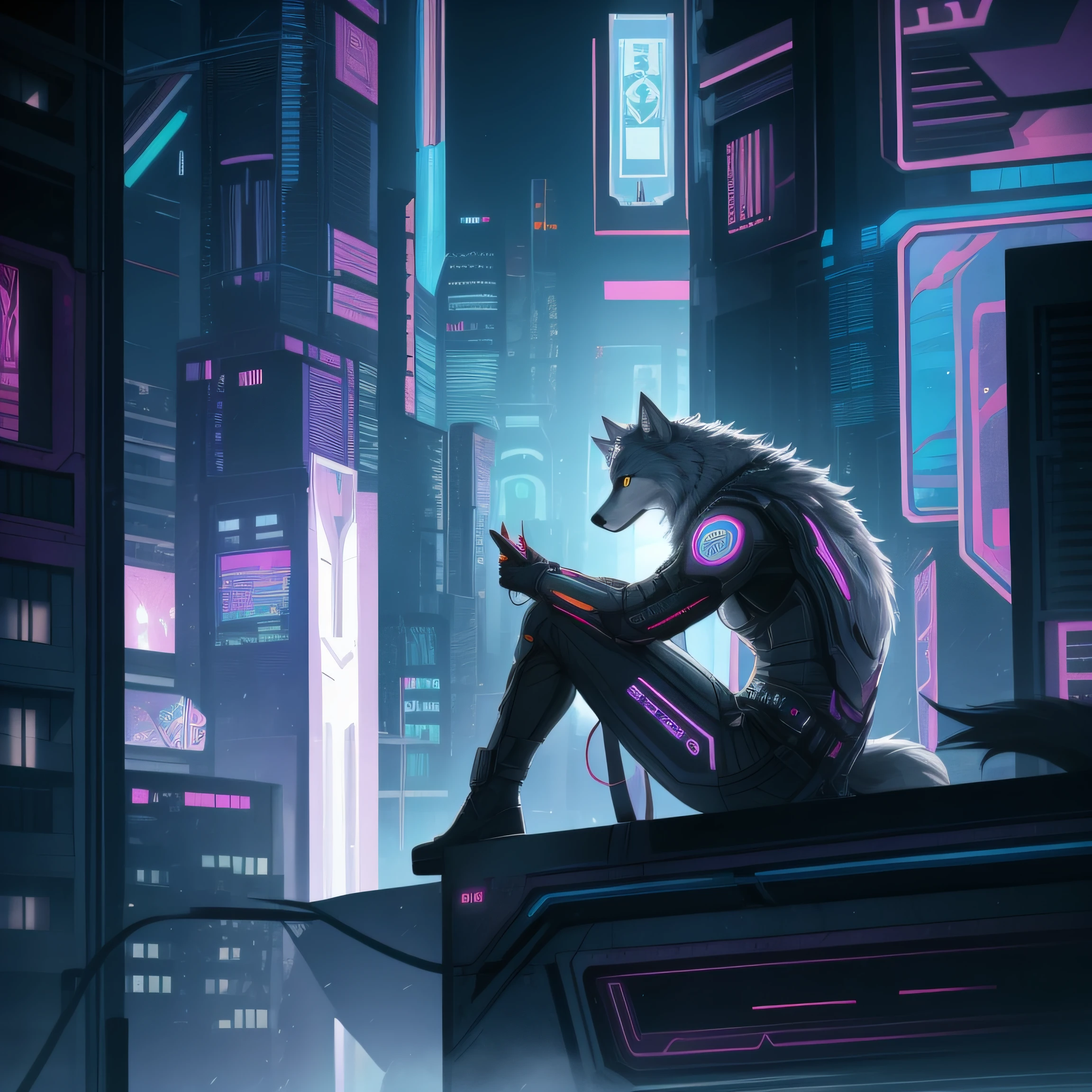 anthropomorpher männlicher grauer Wolf, auf einem Fenster sitzen, Cyberpunk-Hintergrund, beste Qualität, Meisterwerk, Super Detail, preisgekrönt