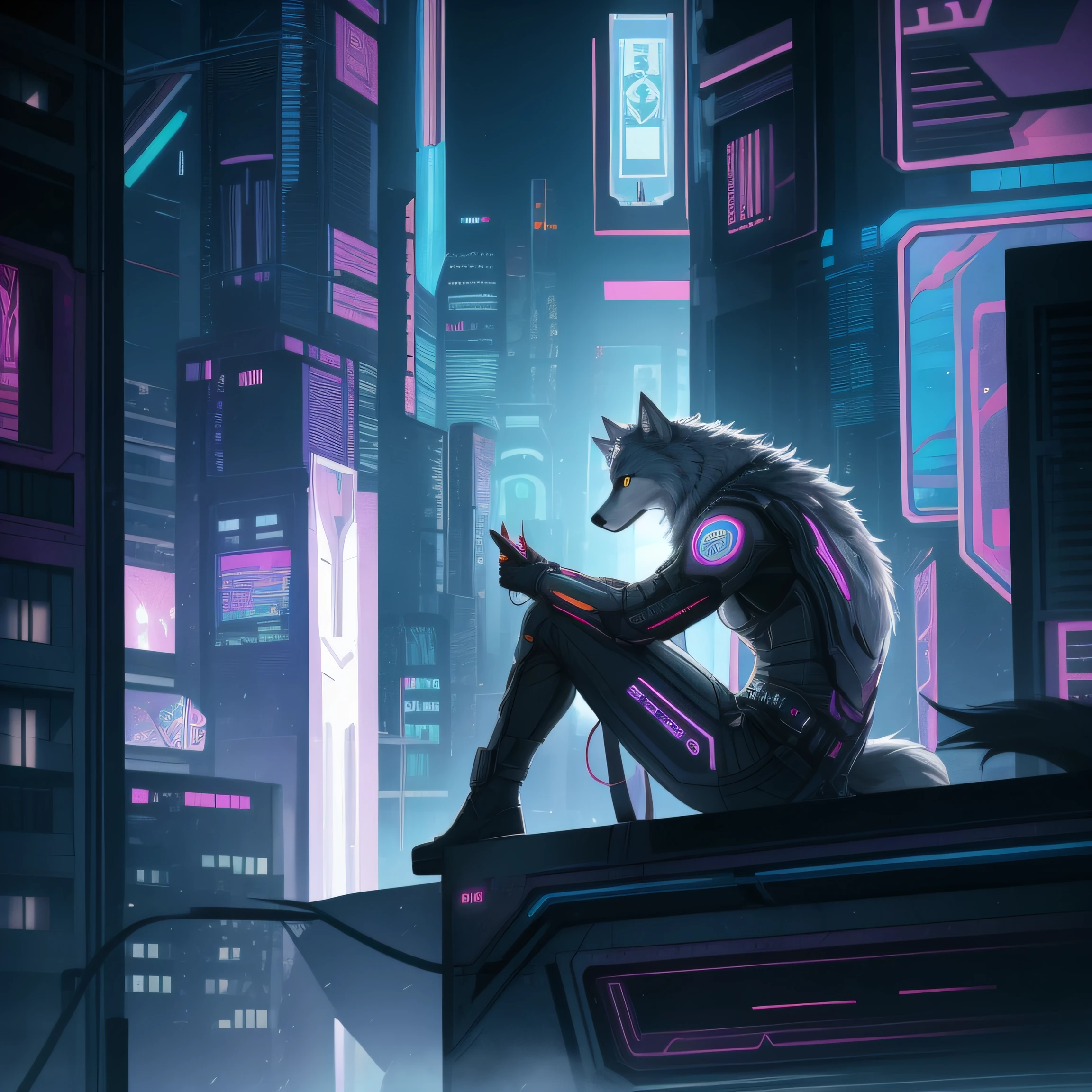 Loup gris mâle anthropomorphe, assis sur une fenêtre, fond cyberpunk, Meilleure qualité, chef-d&#39;œuvre, Super détail, primé