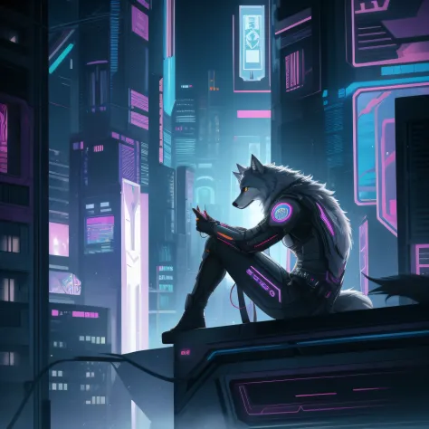 anthropomorphic male gray wolf, sitting on a window, cyberpunk background, best quality, masterpiece, super detail, award winnin...