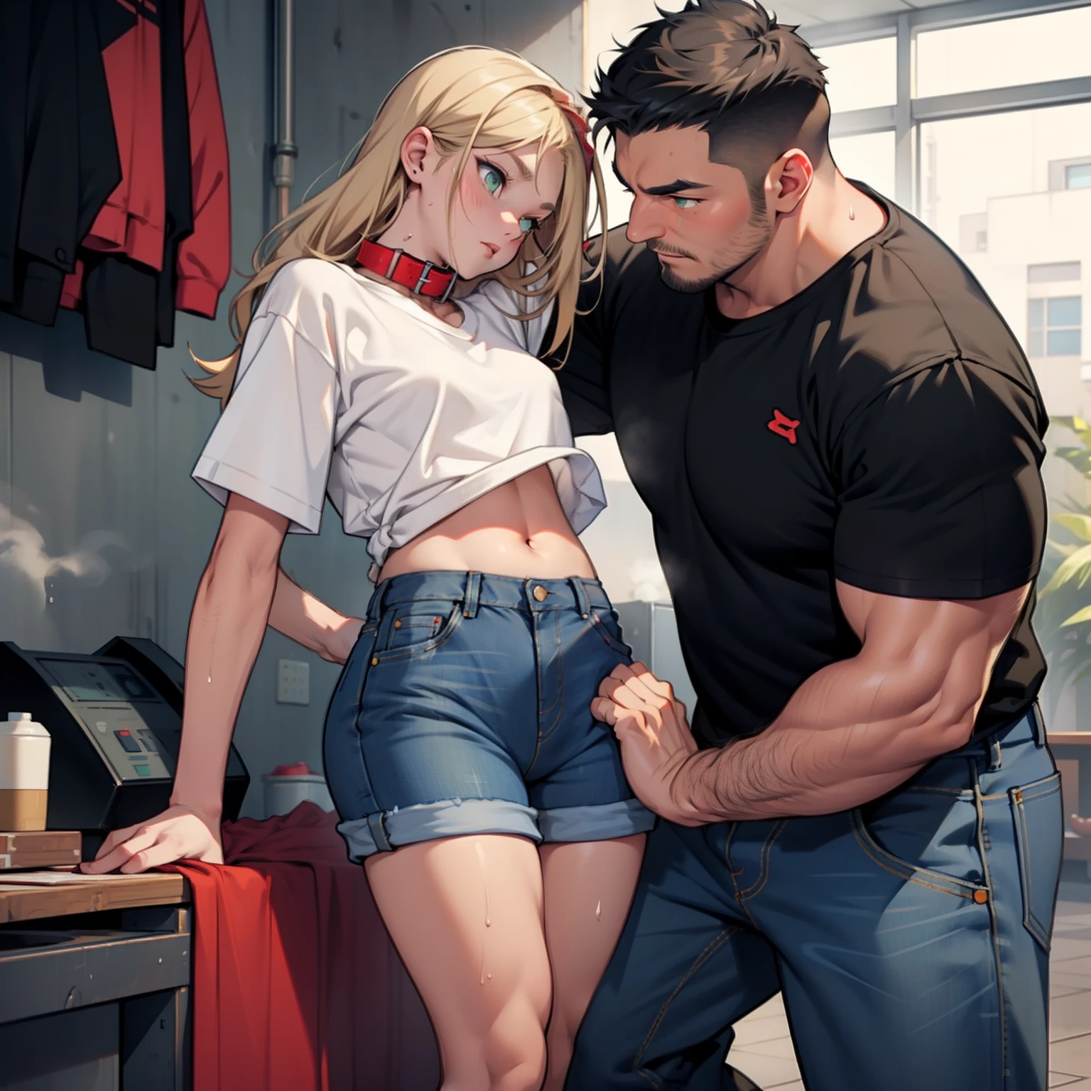 Anime guy and girl in jeans shorts and a white shirt - SeaArt AI