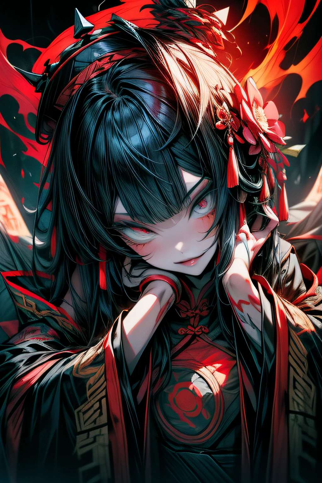 Chinese Gothic Punk、JIANGSHI style,Daughter of the Chinese emperor、Overwhelming intimidation、Put your hands in your sleeves,(Comic Noir Style),(linear art_Anime),(solid color_highcontrast),(masutepiece, Best Quality, ),(Laura Bad Picture:1.2),(Lora Add Details:1.2),8K, Flat color:1.2,1girl in,JIANGSHI QUEEN SITTING ON A CRIMSON THRONE WEARING A HEAVY CLOAK,JIANGSHI,BEAUTY JIANGSHI、Very long hair、Chinese Opera style makeup,Luxurious costume with beautiful embroidery_Dragon and phoenix embroidery:1.2,(lora:add more detail:1.2)