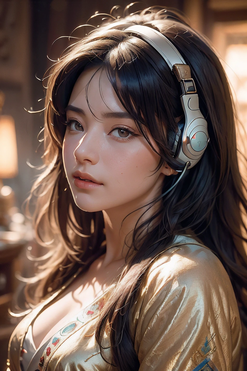 a close up of a woman with headphones on,(realistic, photo-realistic:1.3),best quality,highly detailed,masterpiece,ultra-detailed,illustration,1girl, listening to music, headphones, ((music)),world masterpiece theater,messy_long_hair,low key,cowboy shot,(official clothing:1.4), best quality,extremely detailed CG unity 8k wallpaper,ink,Amazing,cinematic lighting,lens_flare, dunhuang_style,by david hockney and alphonse mucha,fantasy art, photo realistic again, dynamic lighting, artstation, poster, volumetric lighting, very detailed faces, 4 k, award winning