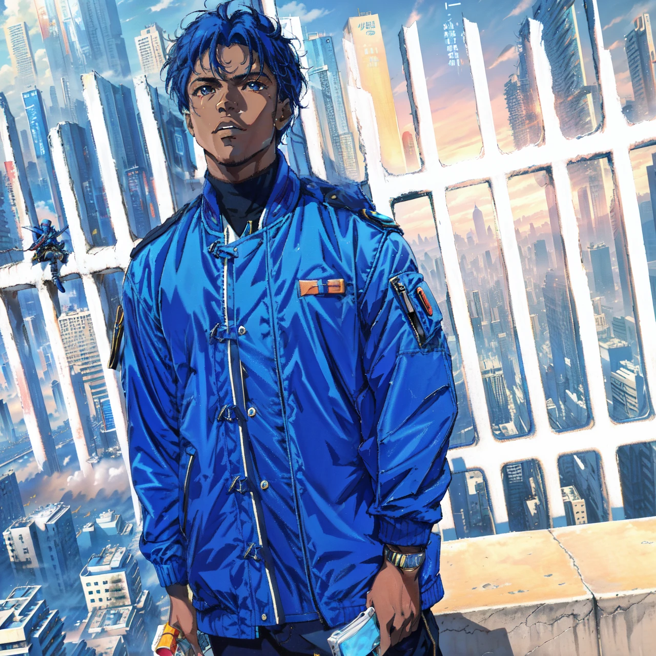 araffe man in blue jacket standing in a futuristic city, album photo, discovered photo, taken in the early 2020s, george pemba, mongezi ncaphayi, profile photo, barry qindsor-smith, he is about 2 5 years old, a photo of a man, he is about 3 0 years old, Cyberpunk Aesthetics, 80s style anime.