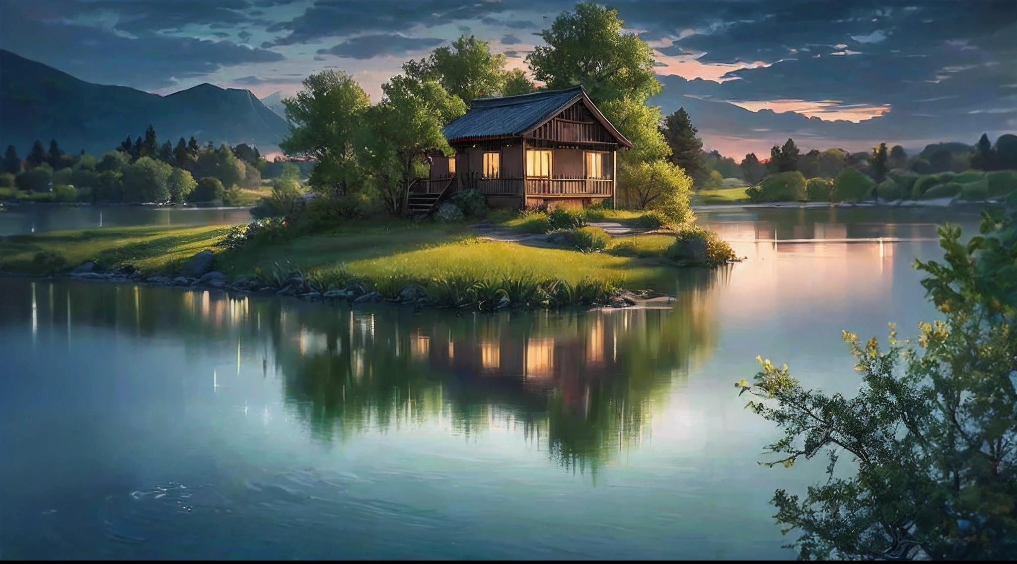 there is a small house on a small island in the middle of a lake, beautifully lit landscape, peaceful landscape, serene landscape, beautiful serene landscape, amazing landscape, in a serene landscape, an amazing landscape image, dreamy landscape, beautiful lake, beautiful landscape, stunning landscape, setting in nature, beautiful lake background, perfect landscape, stunning light reflections, beautiful dreamy landscape