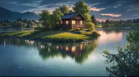 there is a small house on a small island in the middle of a lake, beautifully lit landscape, peaceful landscape, serene landscap...