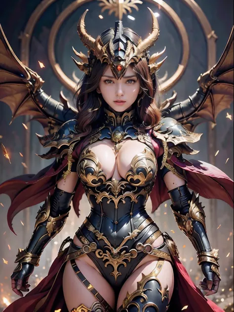 Professional , ​masterpiece、top-quality、photos realistic , depth of fields 、（Dragon Black Metal Body:1.９),(Mattretto、（cleavage of the breast）、Dragon Gold Weapon、（Micro Bikini Armor:1.４),Gorgeous gold weapons ,Particles of light、Particles of light、（（ Dragon...