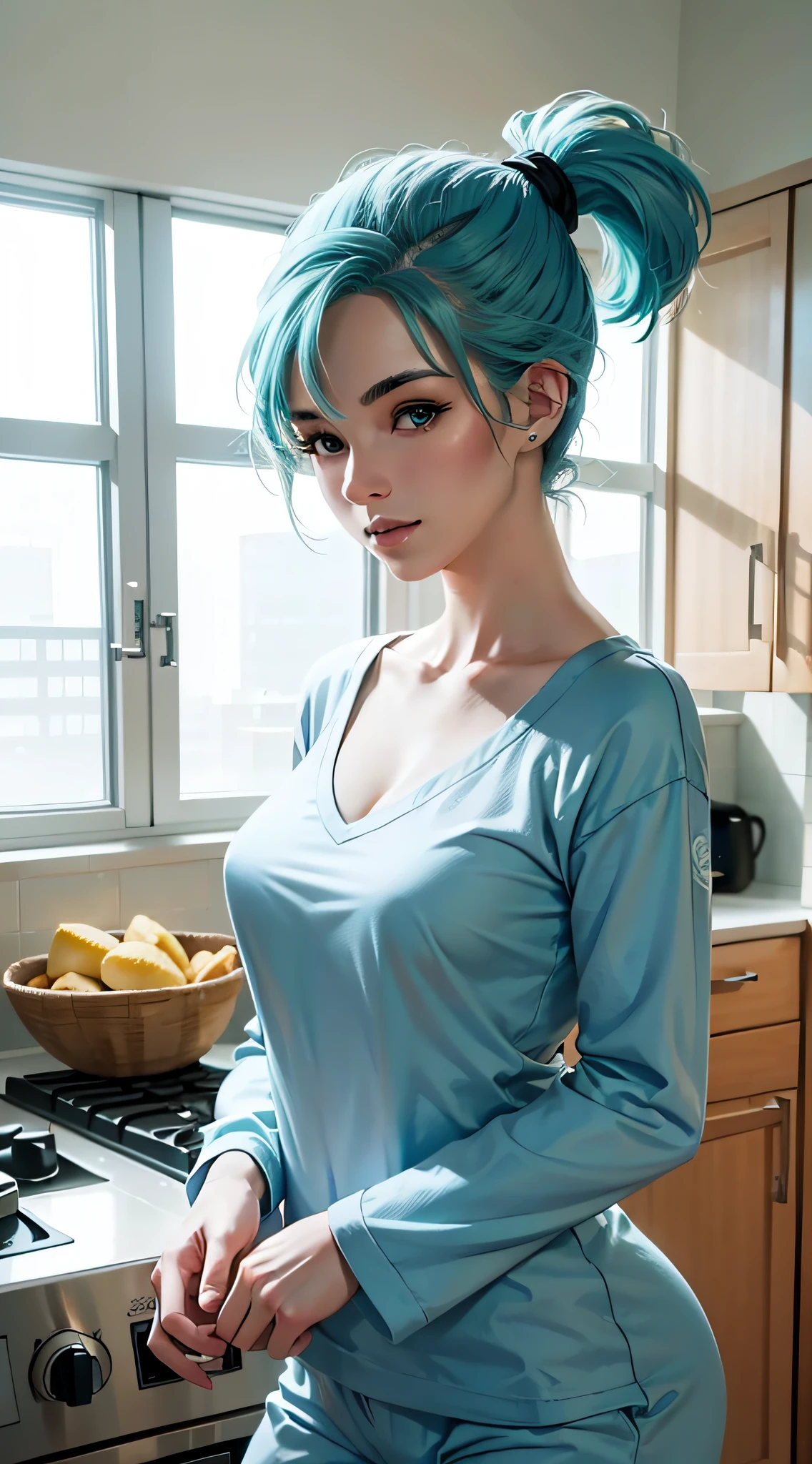 bulma from dragon ball anime, short hair, light blue hair, ponytail, ponytail, beautiful, beautiful woman, perfect body, perfect breasts, wearing white pajamas, pajamas, sleepwear, in the kitchen, clear kitchen, looking at the viewer, a slight smile , realism, masterpiece, textured skin, super detailed, high detailed, high quality, best quality, 1080p, 16k