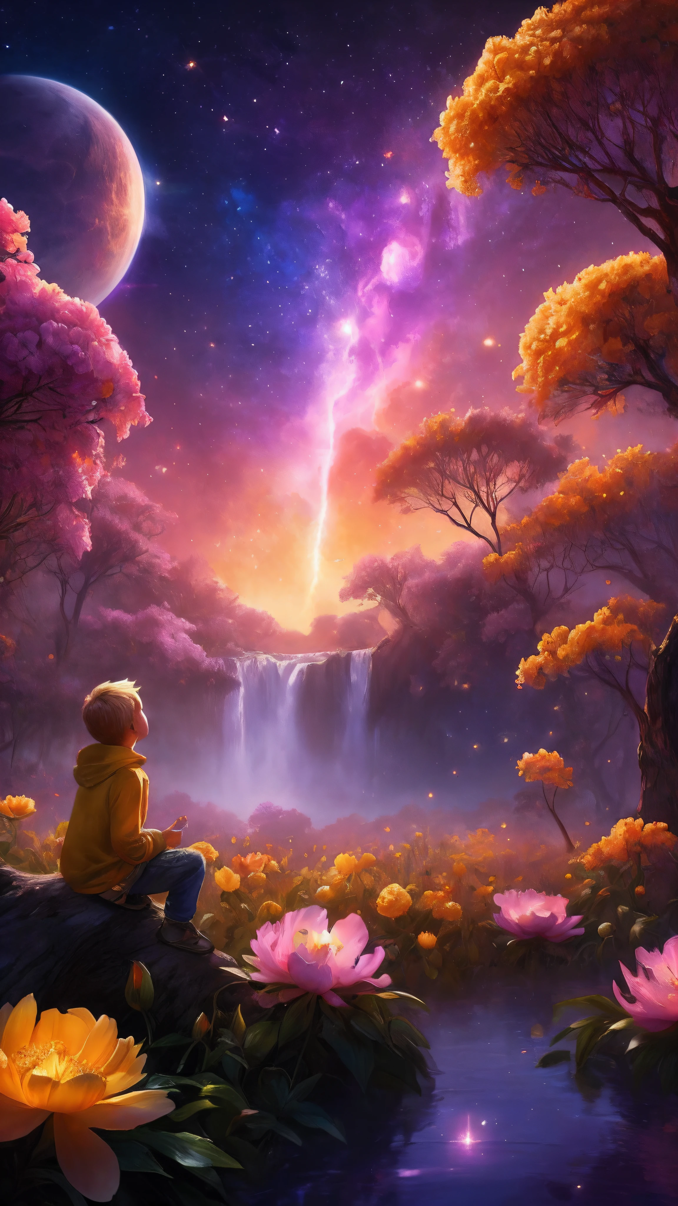 Nahaufnahme, weitläufige Landschaftsfotografie , (eine Ansicht von unten, die oben den Himmel und unten das offene Feld zeigt), Ein kleiner 9-jähriger blonder Junge mit langem Sweatshirt und gelbem Schal sitzt auf einem Baumstamm in einem gelben Pfingstrosen-Blumengarten und schaut nach oben, ( Komet:0.9), (Nebel:1.2), entferntes Feuchtgebiet, Baum des Lebens, BREAK Produktionskunst, (Warme Lichtquelle:1.2), Lampe, viel Lila und Orange, komplizierte Details, volumetrische Beleuchtung, Realismus Pause (Meisterwerk:1.2), (beste Qualität), 4k, ultra-detailliert, (dynamische Komposition:1.3), sehr detailliert, Farbenfrohe Details,( schillernde Farben:1.2), (Leuchtende Beleuchtung, stimmungsvolle Beleuchtung), verträumt, magisch, (Allein:1.2), magisch beautiful waterfall