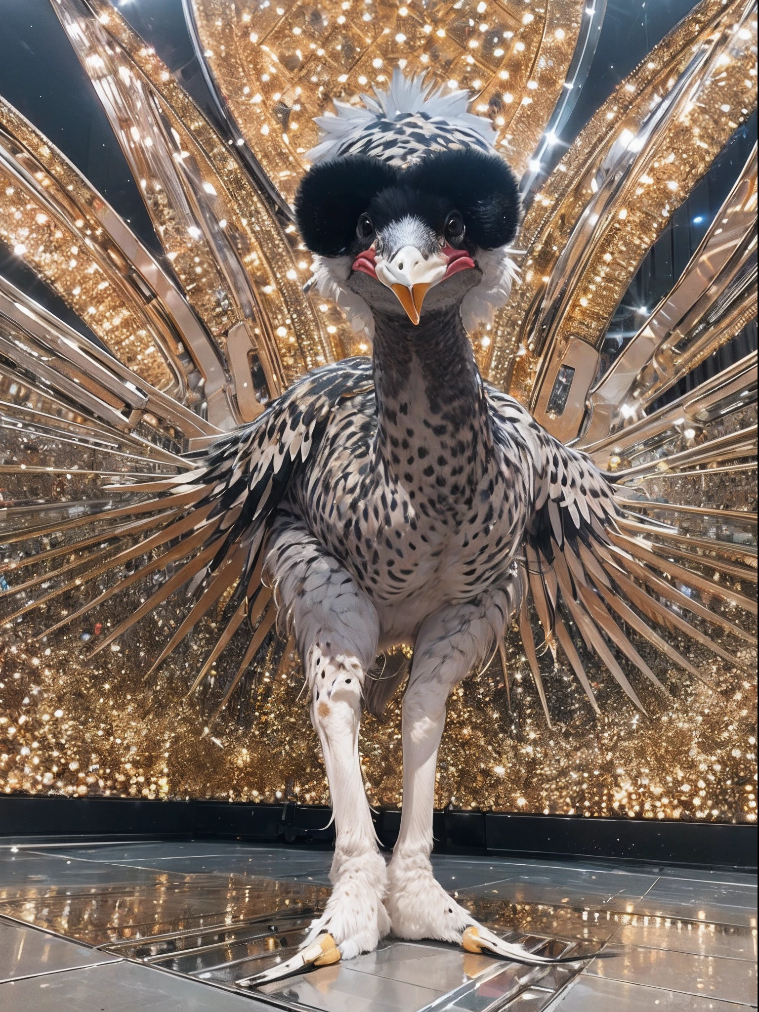 Ostrich in New York celebrity sequin dress spreading wings、Standing on a glamorous stage