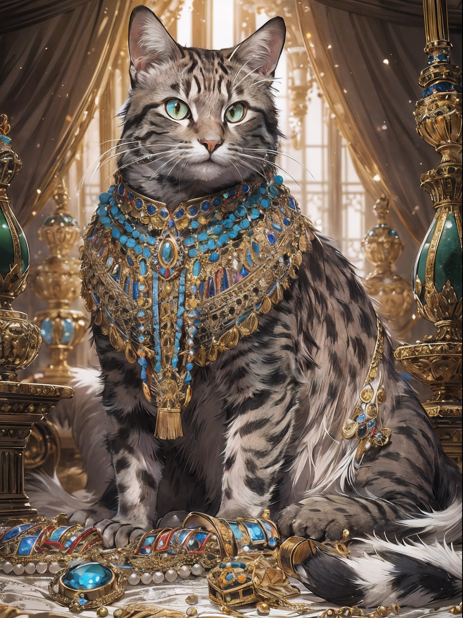 The King's Cat with a Lot of Jewels，is standing