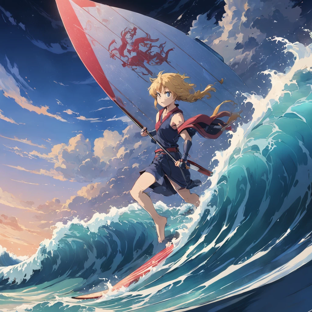 Anime girl on surfboard riding a wave in the ocean - SeaArt AI