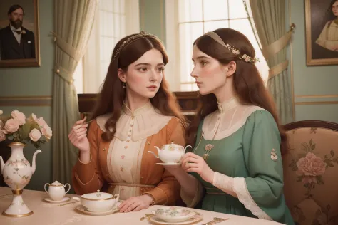Marry the Pre-Raphaelite aesthetic with Wes Anderson's meticulous set design by portraying a woman in her forties, her hair ador...