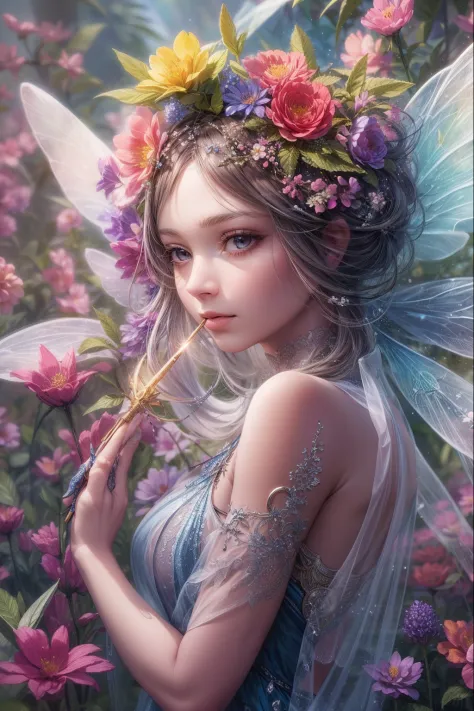 color photo of a flower fairy with transparent colorful wings, holding a magic wand， beautiful, ((ultra-detailed)), (highly detailed illustration), (expressionless), (best quality:1.2), realistic8K UHD, High definition,(masterpiece)