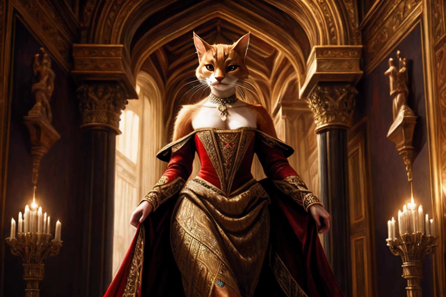 RAW photo, best, masterpiece, best quality, high quality, extremely detailed, a very feminine minx in a Renaissance dress, walking down a long castle corridor, hyper-realistic detailed representation, elegant pose, professional lighting, intricate details, detailed cat eye makeup, detailed face, detailed skin, mature body, tall body