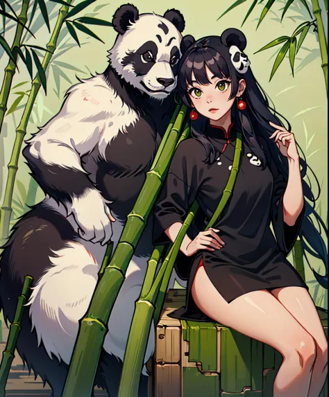 Panda Lady，Bamboo leaf background，Ball head