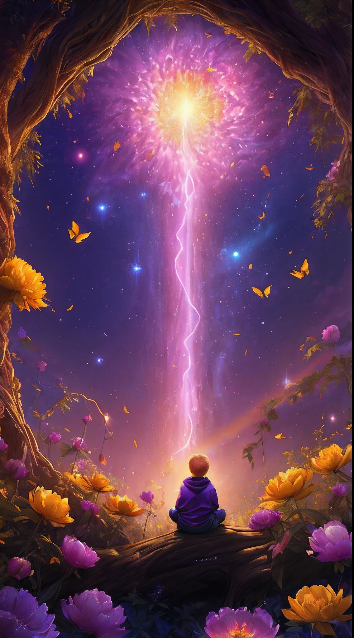 特寫, 廣闊的風景照片 , (從下面看去，上面是天空，下面是開闊的田野), 一個 9 歲的金髮小男孩，穿著長運動衫和黃色圍巾，坐在黃色牡丹花園的樹幹上抬頭看, ( 彗星:0.9), (星雲:1.2), 遙遠的濕地, 生命之樹, BREAK 製作藝術, (暖光源:1.2), 燈, 很多紫色和橙色, 複雜的細節, 體積照明, 現實主義突破 (傑作:1.2), (最好的品質), 4k, 超詳細, (動態構圖:1.3), 非常詳細, 色彩繽紛的細節,( 彩虹色:1.2), (發光照明, 氣氛照明), 夢幻般的, 神奇, (獨自的:1.2), 神奇 beautiful waterfall