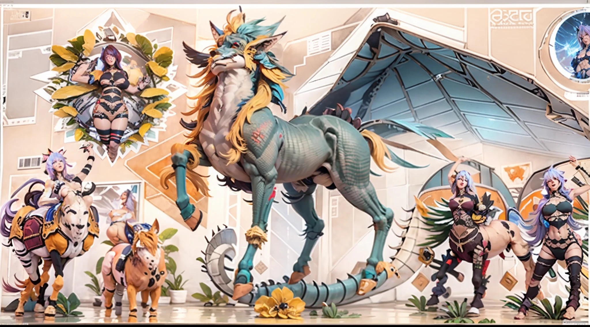 In the beautiful illustration of this super-grand scene，The ultra-long-range lens is shown（Over eight unique centaur characters：9.9），They all have their own characteristics，Vivid and interesting。Radiant angelic centaurs from the heavenly realm，To the hellish centaurs surrounded by nightmarish flames，And then to the Wind Fairy Centaur dancing in the air，There are also one-horned centaurs surrounded by thunder and lightning，and mechanical centaurs that shine with metallic light，And then to the powerful dragon centaur with colored dragon scales covering the whole body，The elegant and agile elf centaur always wears a flower crown with its slender graceful lines，Enchanting and charming Tiflin centaurs。Each character has their own unique charms and abilities。The illustration uses advanced artistic techniques and tools，（Divide the scene into sections by geometric arrangement：9.9），Each section corresponds to a centaur character，This makes more efficient use of space。Through Midjourney's advanced brush tools、Color palette、Material packs and model packs，For each centaur, beautiful props are designed to increase racial characteristics、Clothing and physical features，Enhances the character's personality and visual appeal。The scenery in the illustrations is stunning，There are changing skies、rainbowing、extreme light、Stars and Moon。Incorporating iconic landmarks such as Mount Everest，and fireworks、tranquil lake、Natural and urban elements of waves and neon lights，Creates a magical atmosphere。The centaurs display their unique abilities and equipment in a variety of environments，This is true even in extreme alien landscapes。（Use Midjourney's tools、Material packs、Texture tools、The color palette makes depicting details vivid and realistic：9.9），From complex hairstyles and as well as different racial traits、Body、Appearance features、Clothing to real textures，This greatly enhances the realism of the characters and surroundings。The fusion of multiple art styles adds movement to the centaur's