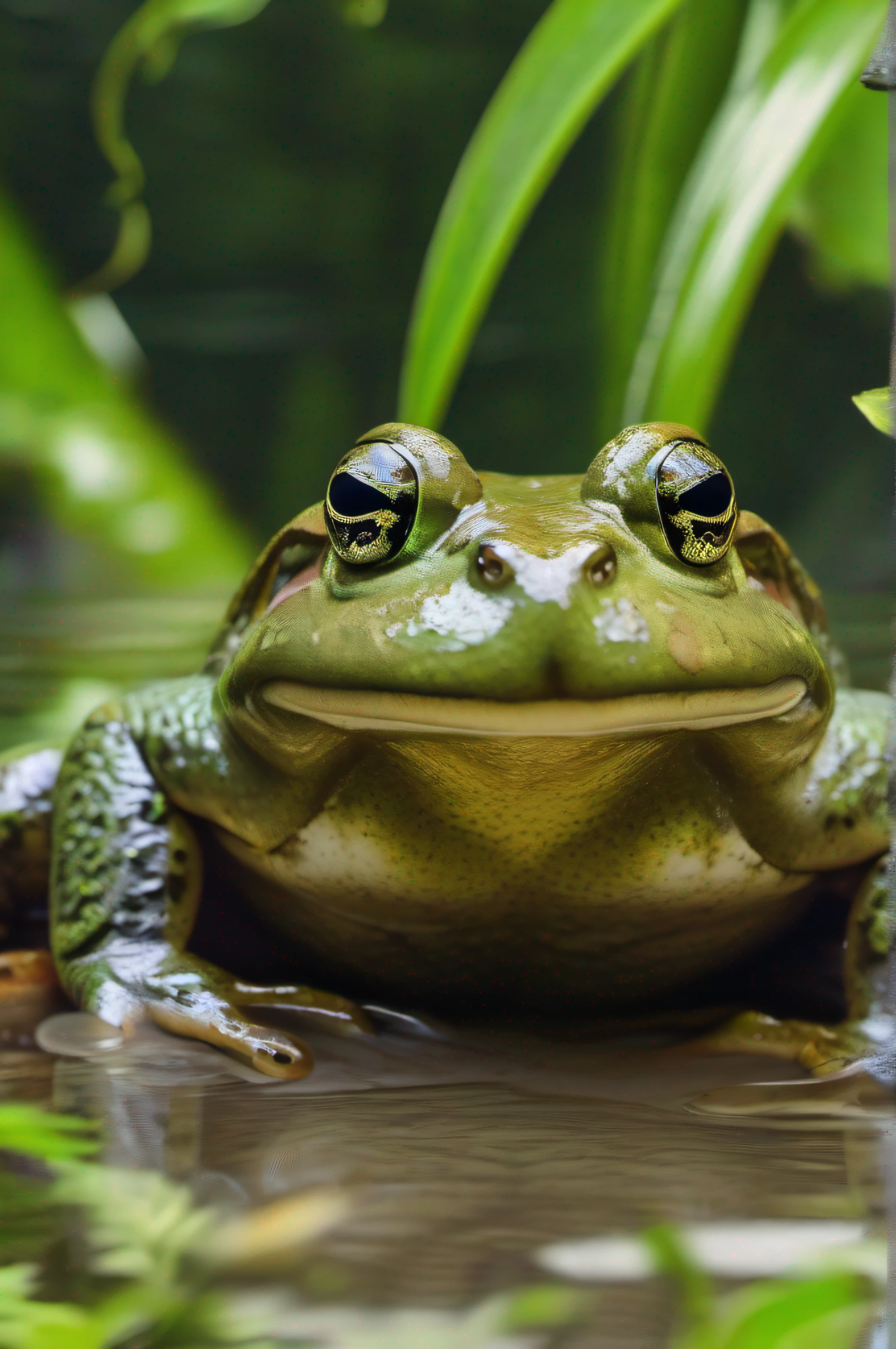 High nation-geographic symmetrical close-up portrait shoot in green jungle of an expressive African Bullfrog, anamorphic lens, ultra-realistic, hyper-detailed, green-core, jungle-core –ar 16:9 –q 2 –v 5 rtx on --ar 73:128 --s 750 --v 5. 2