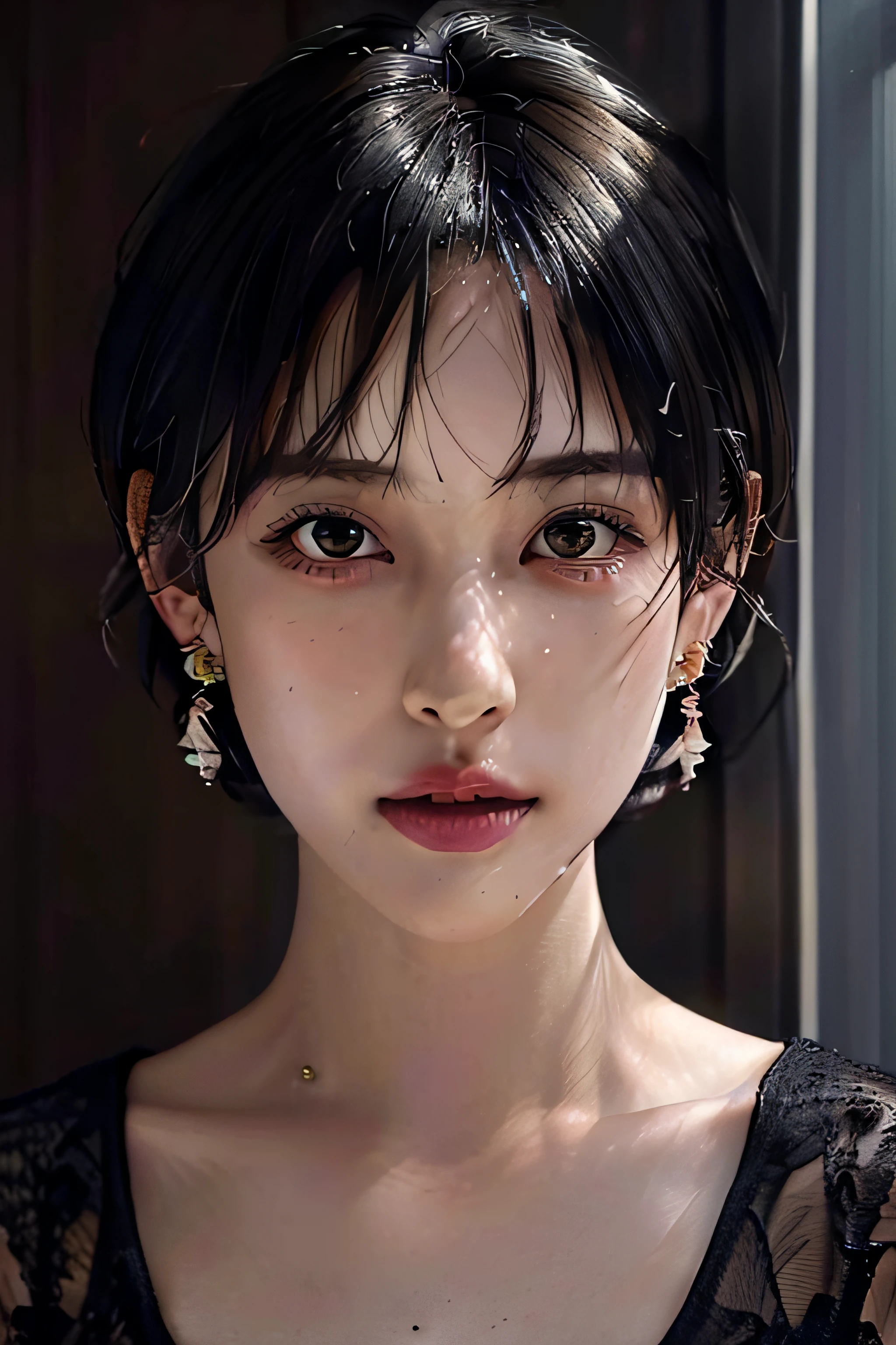 (1girl), (best quality), (masterpiece), (high resolution), (intricate details), (photorealistic), (cinematic light) solo, earrings, jewelry, short hair, black hair, hair over eyes, lips, portrait