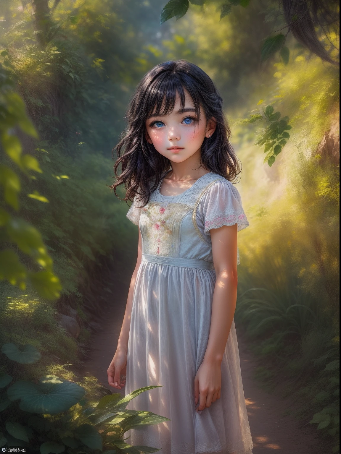 In this captivating image, a lone young girl takes centre stage, captivating the viewer with her presence. She stands in a picturesque outdoor setting, surrounded by lush vegetation and bathed in soft golden light. Her black hair cascades over her shoulders, framing her face, while her bewitching blue eyes shine with depth and intrigue. Tilting her head slightly, she looks directly at the viewer, her expression conveying a mixture of confidence and vulnerability. The emphasis is on her striking features and natural beauty, expertly captured in this hyper-realistic, high-resolution portrait. The background is deliberately slightly blurred, accentuating the focus on the young girl and adding depth to the composition. This photographic masterpiece captures both the outer and inner essence of the young girl, leaving the viewer captivated by her presence. The image will be rendered in a 9:16 format, allowing for a vertical composition that highlights the stature and presence of the young girl.