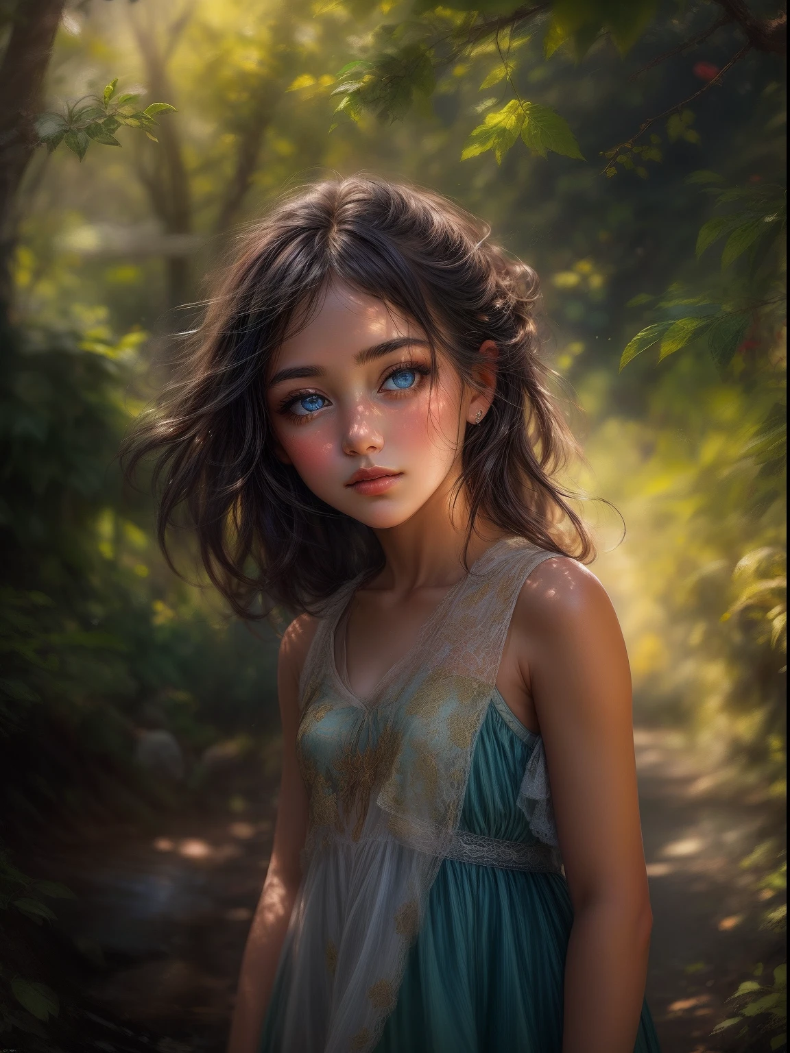 In this captivating image, a lone young girl takes centre stage, captivating the viewer with her presence. She stands in a picturesque outdoor setting, surrounded by lush vegetation and bathed in soft golden light. Her black hair cascades over her shoulders, framing her face, while her bewitching blue eyes shine with depth and intrigue. Tilting her head slightly, she looks directly at the viewer, her expression conveying a mixture of confidence and vulnerability. The emphasis is on her striking features and natural beauty, expertly captured in this hyper-realistic, high-resolution portrait. The background is deliberately slightly blurred, accentuating the focus on the young girl and adding depth to the composition. This photographic masterpiece captures both the outer and inner essence of the young girl, leaving the viewer captivated by her presence. The image will be rendered in a 9:16 format, allowing for a vertical composition that highlights the stature and presence of the young girl.